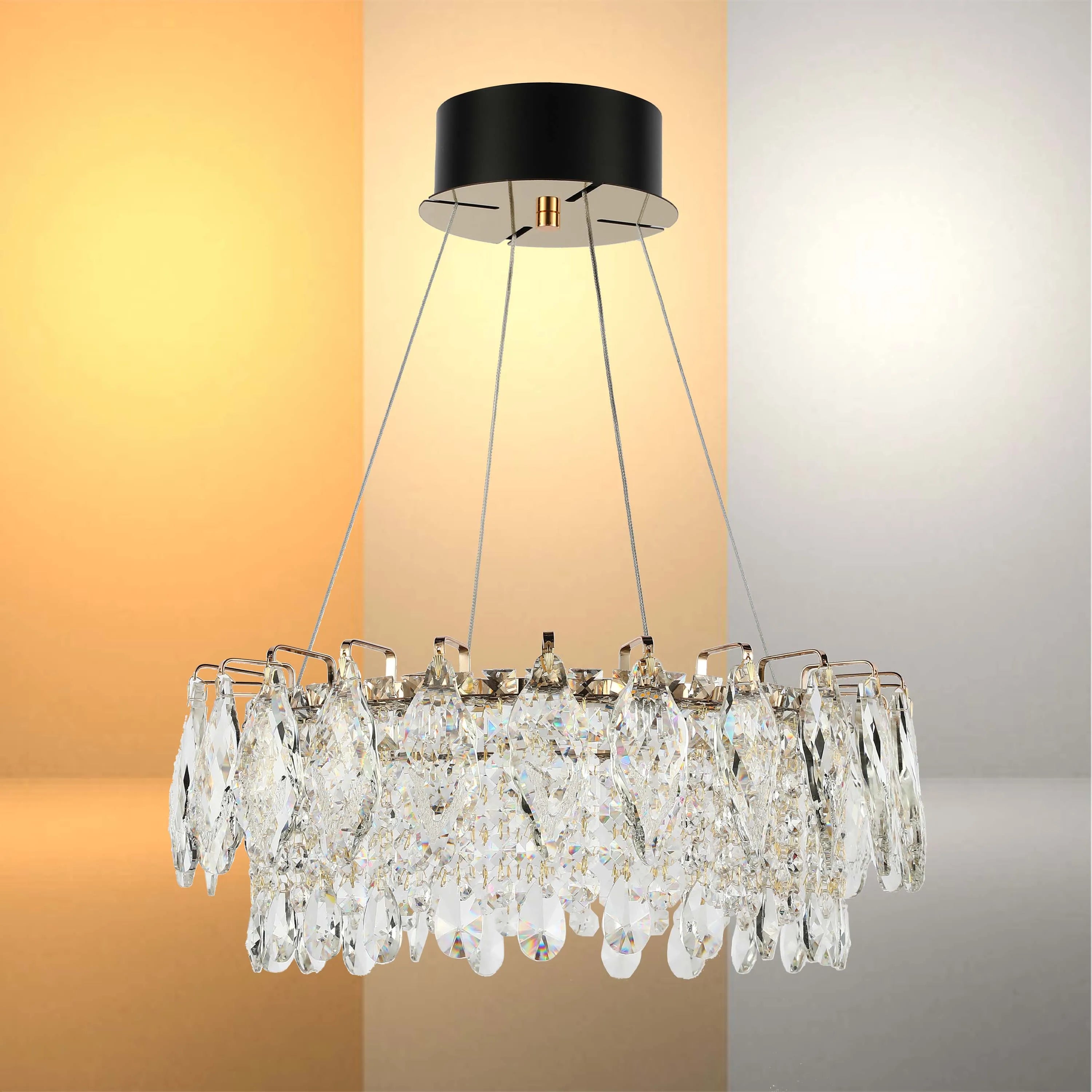 Candelabro de cristal dorado - Diseño circular u ovalado, LED SMD regulable con 3CCT, suspensión ajustable