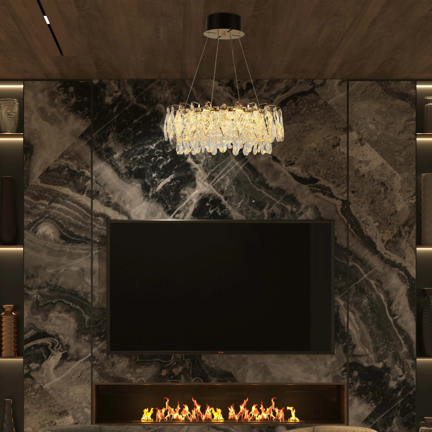 Candelabro de cristal dorado - Diseño circular u ovalado, LED SMD regulable con 3CCT, suspensión ajustable