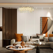 Candelabro de cristal dorado - Diseño circular u ovalado, LED SMD regulable con 3CCT, suspensión ajustable