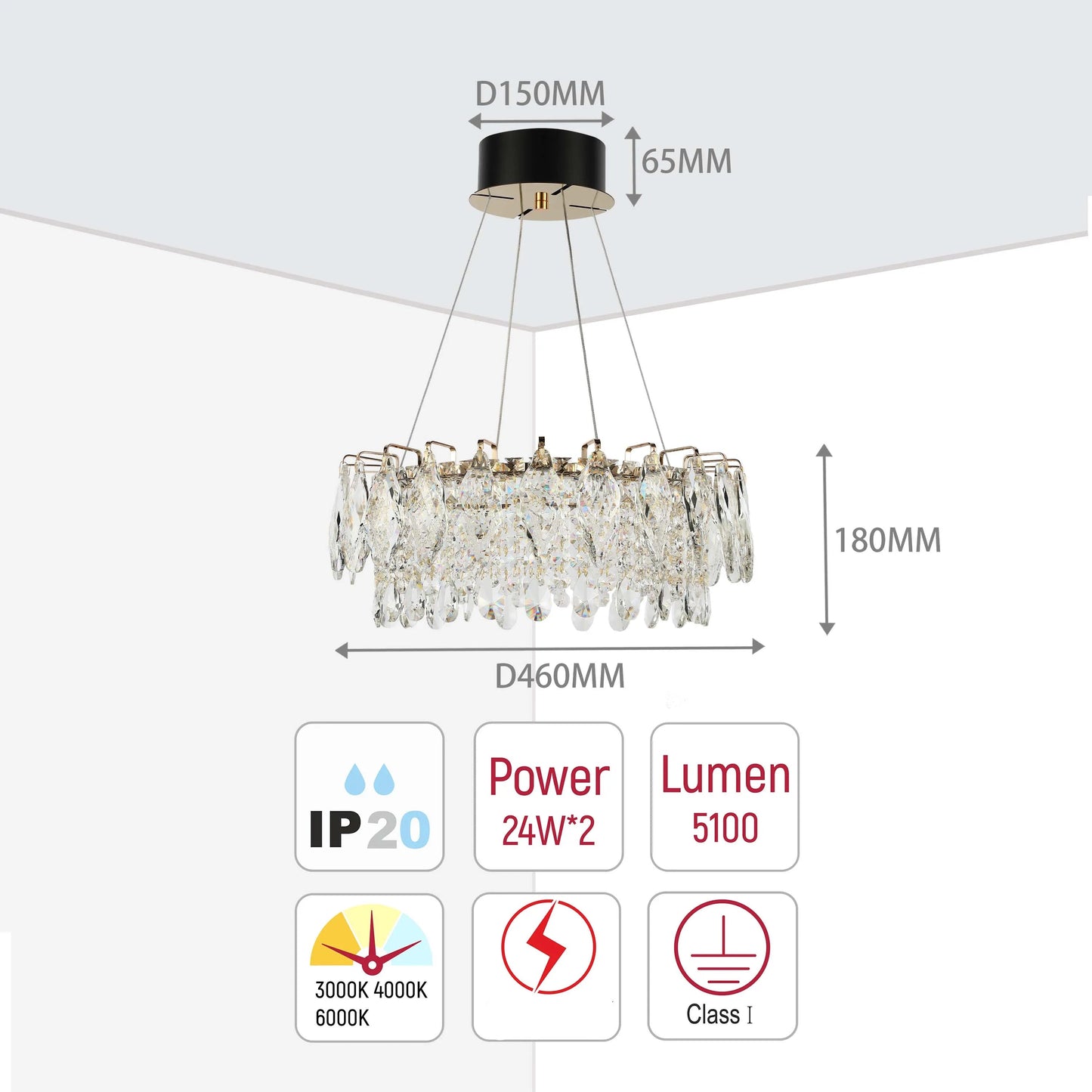 Candelabro de cristal dorado - Diseño circular u ovalado, LED SMD regulable con 3CCT, suspensión ajustable