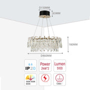 Candelabro de cristal dorado - Diseño circular u ovalado, LED SMD regulable con 3CCT, suspensión ajustable