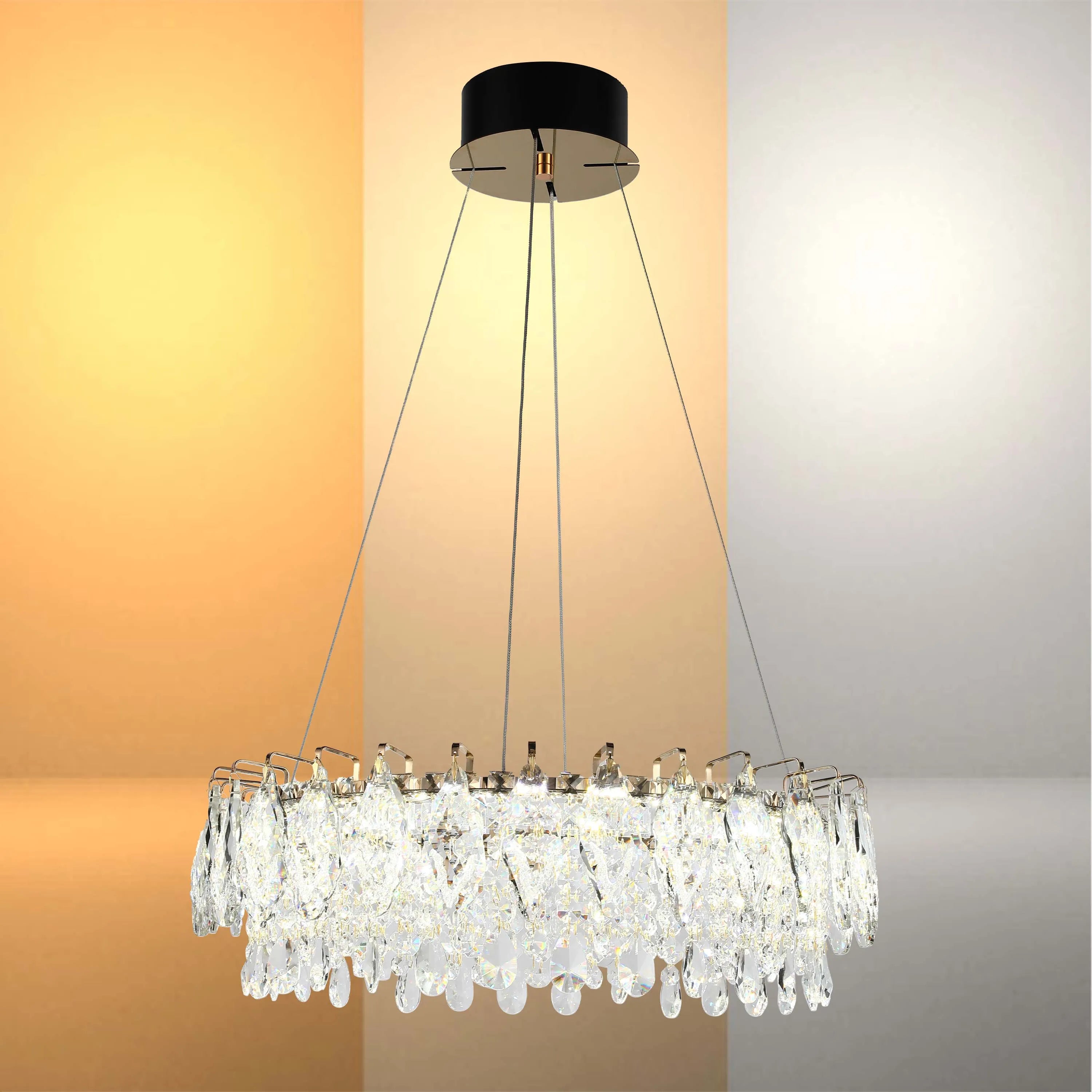 Candelabro de cristal dorado - Diseño circular u ovalado, LED SMD regulable con 3CCT, suspensión ajustable