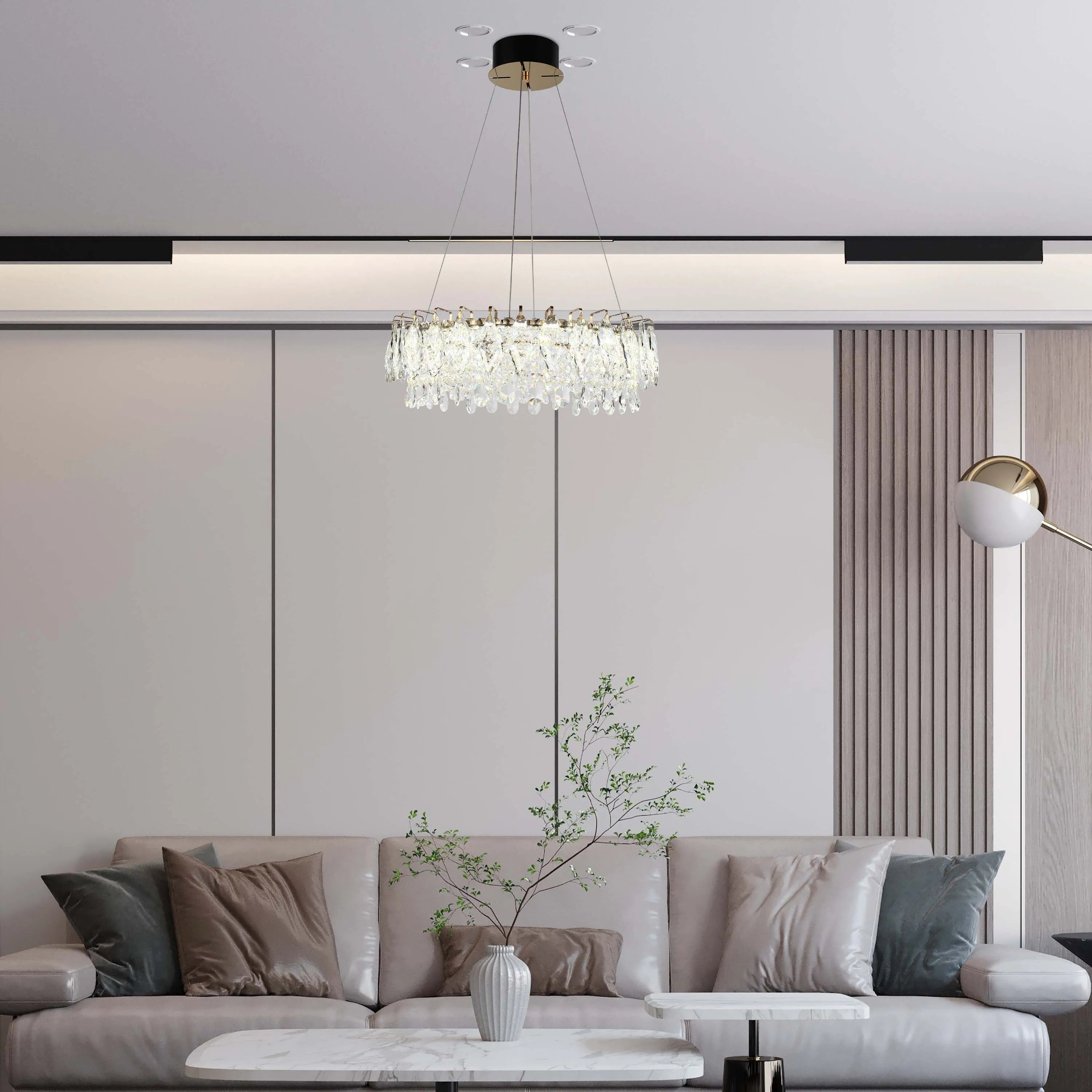Candelabro de cristal dorado - Diseño circular u ovalado, LED SMD regulable con 3CCT, suspensión ajustable