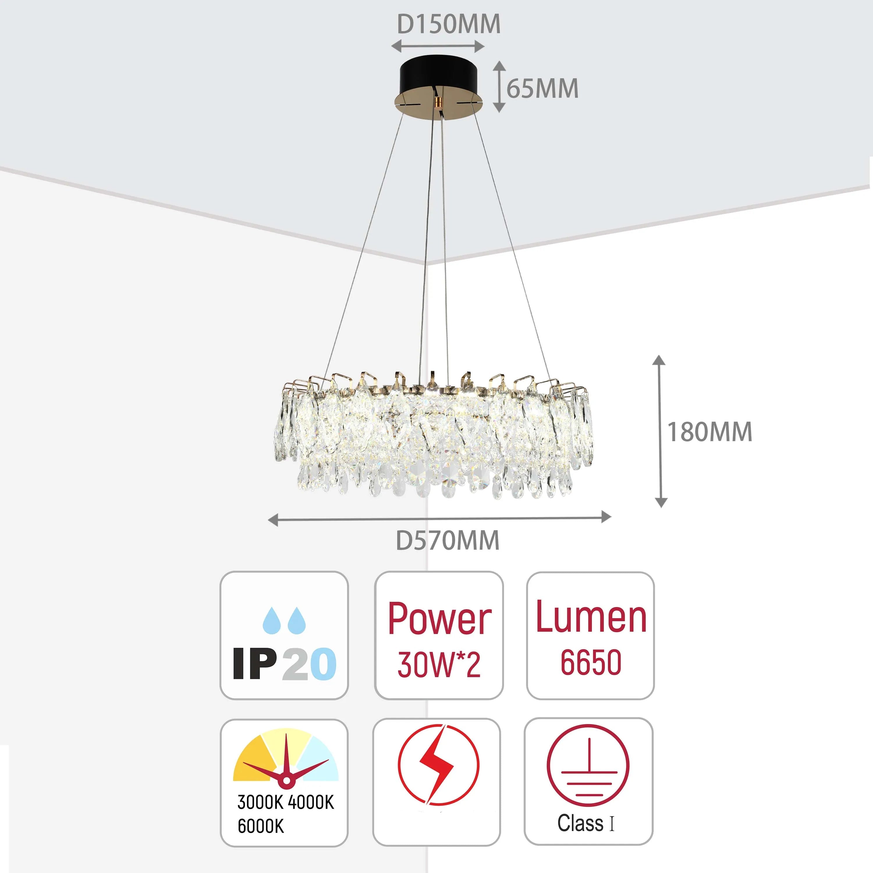 Candelabro de cristal dorado - Diseño circular u ovalado, LED SMD regulable con 3CCT, suspensión ajustable