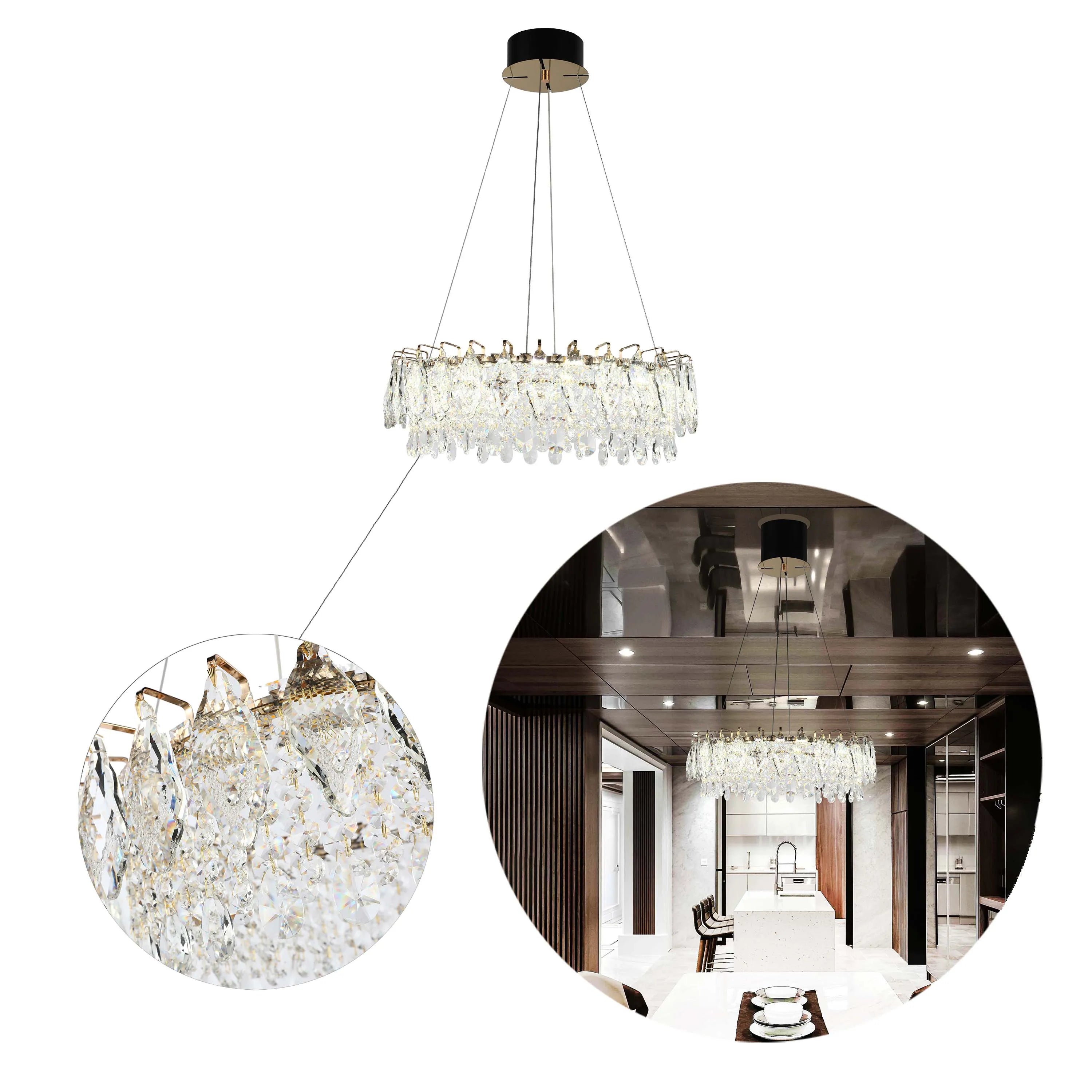 Candelabro de cristal dorado - Diseño circular u ovalado, LED SMD regulable con 3CCT, suspensión ajustable