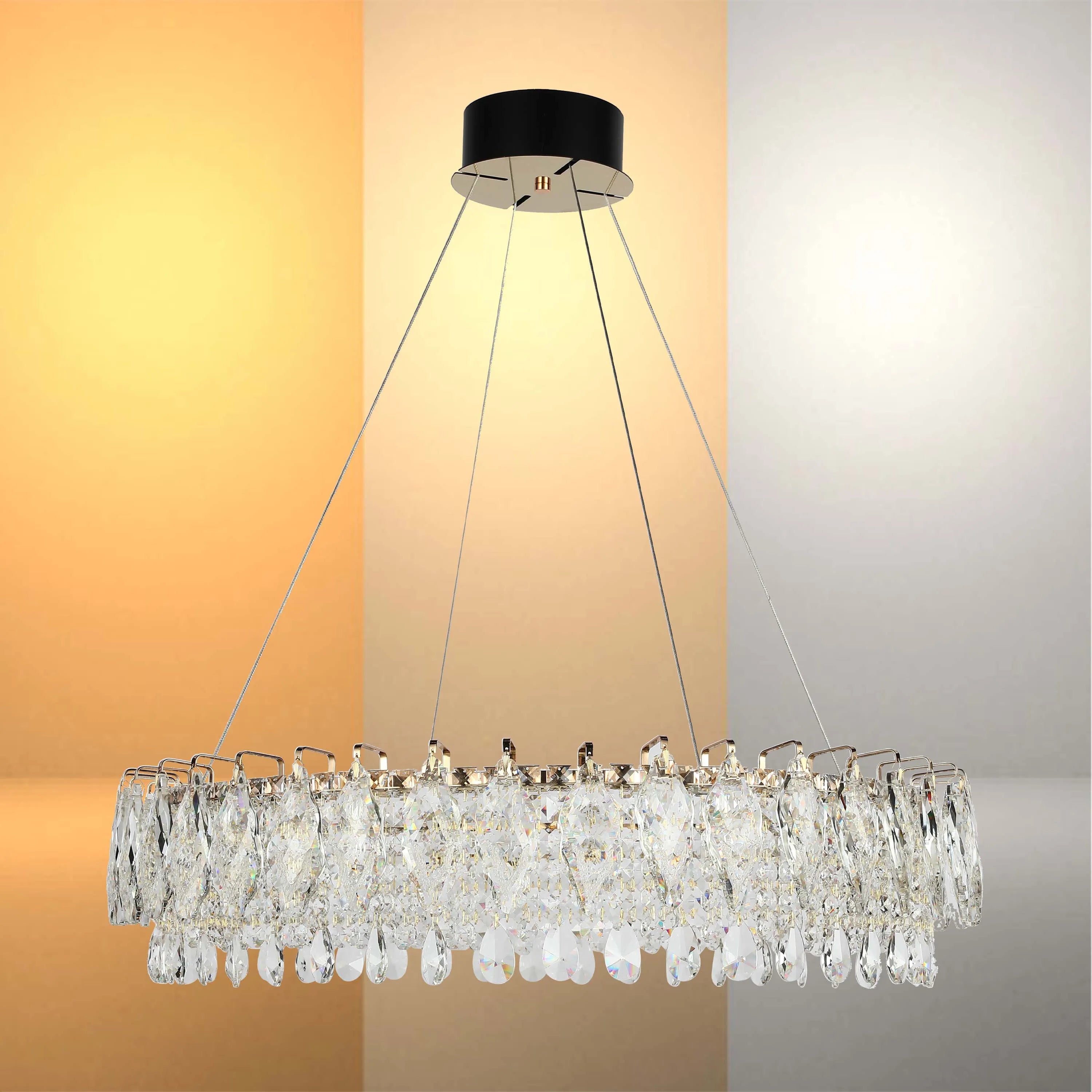 Candelabro de cristal dorado - Diseño circular u ovalado, LED SMD regulable con 3CCT, suspensión ajustable