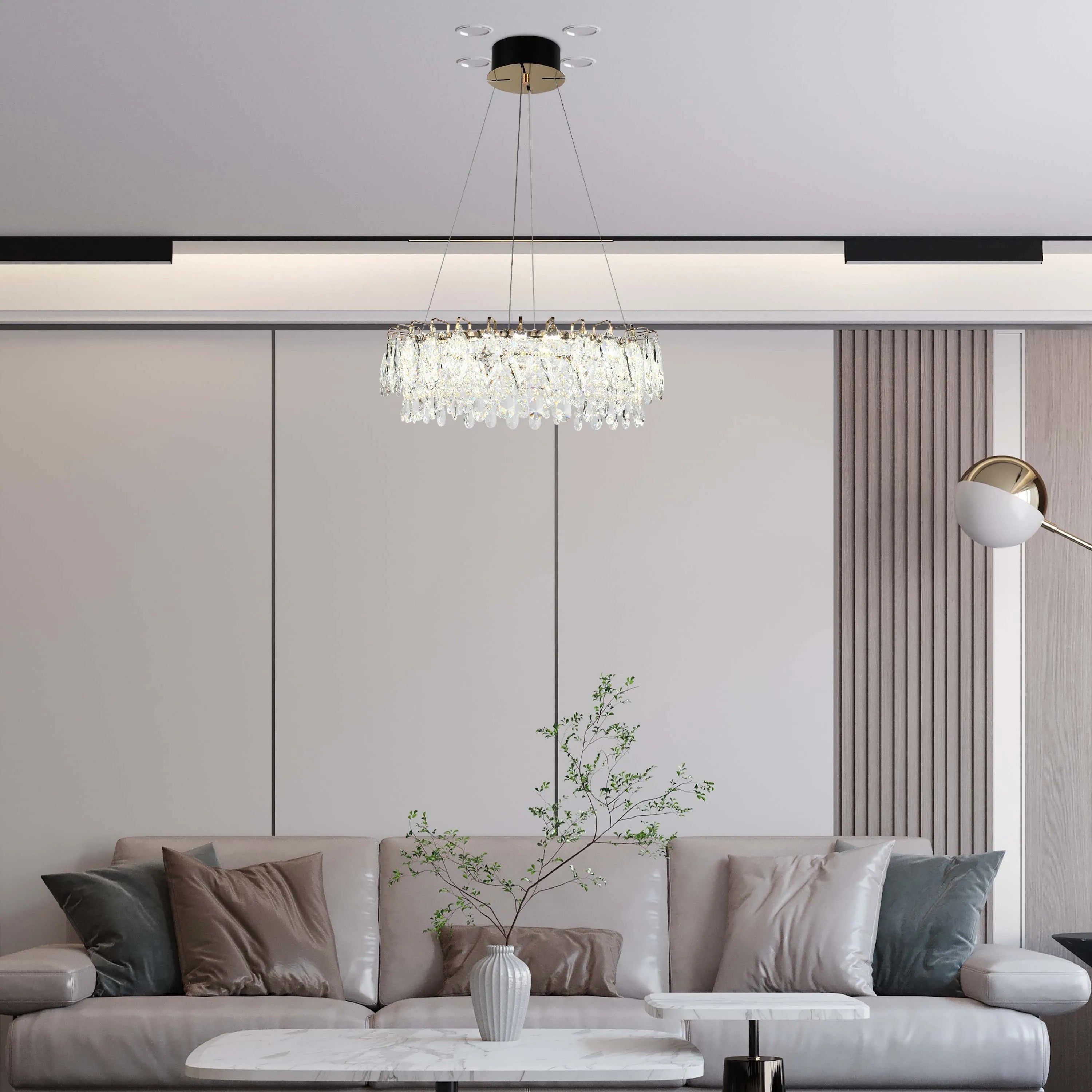 Candelabro de cristal dorado - Diseño circular u ovalado, LED SMD regulable con 3CCT, suspensión ajustable