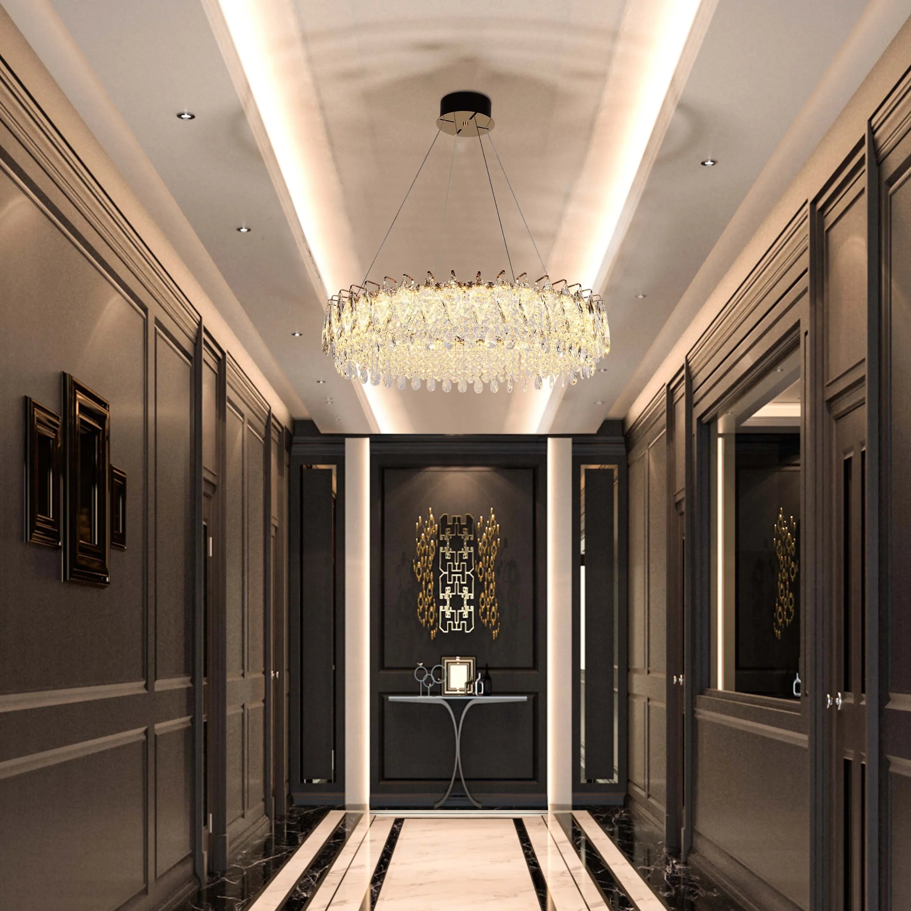 Candelabro de cristal dorado - Diseño circular u ovalado, LED SMD regulable con 3CCT, suspensión ajustable