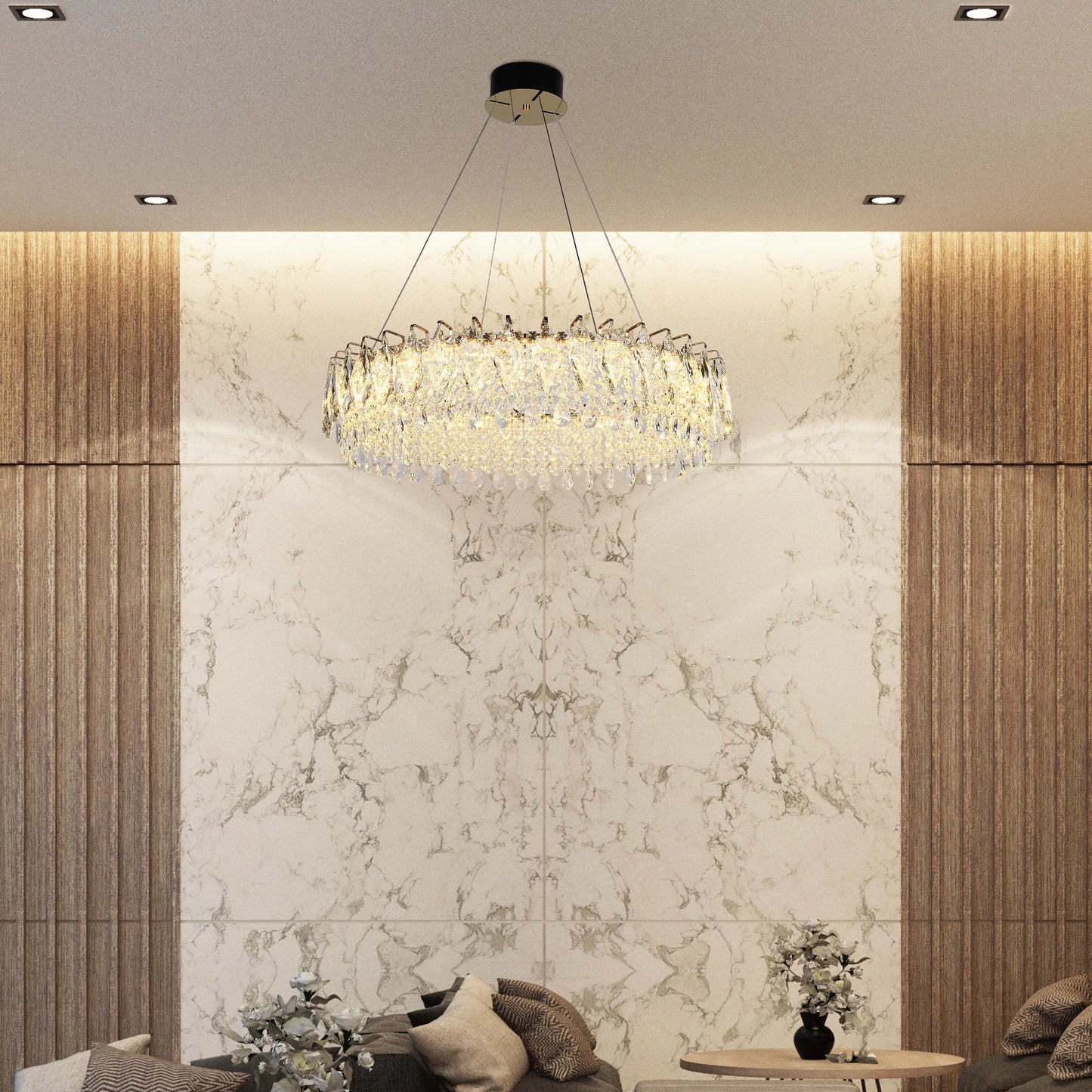 Candelabro de cristal dorado - Diseño circular u ovalado, LED SMD regulable con 3CCT, suspensión ajustable