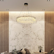 Candelabro de cristal dorado - Diseño circular u ovalado, LED SMD regulable con 3CCT, suspensión ajustable