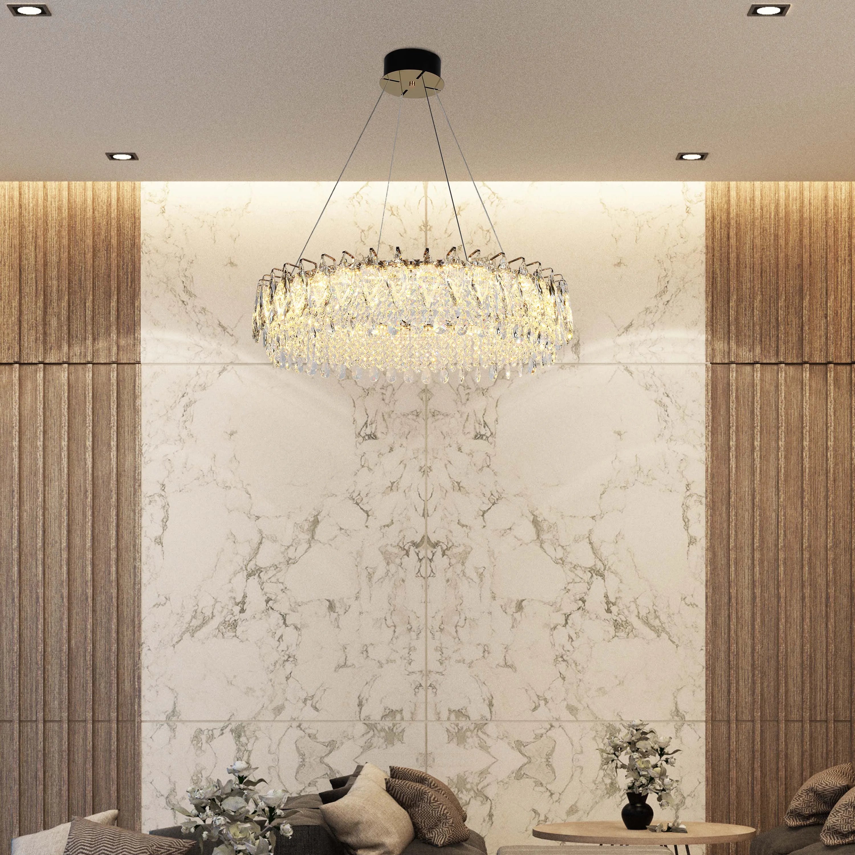 Candelabro de cristal dorado - Diseño circular u ovalado, LED SMD regulable con 3CCT, suspensión ajustable