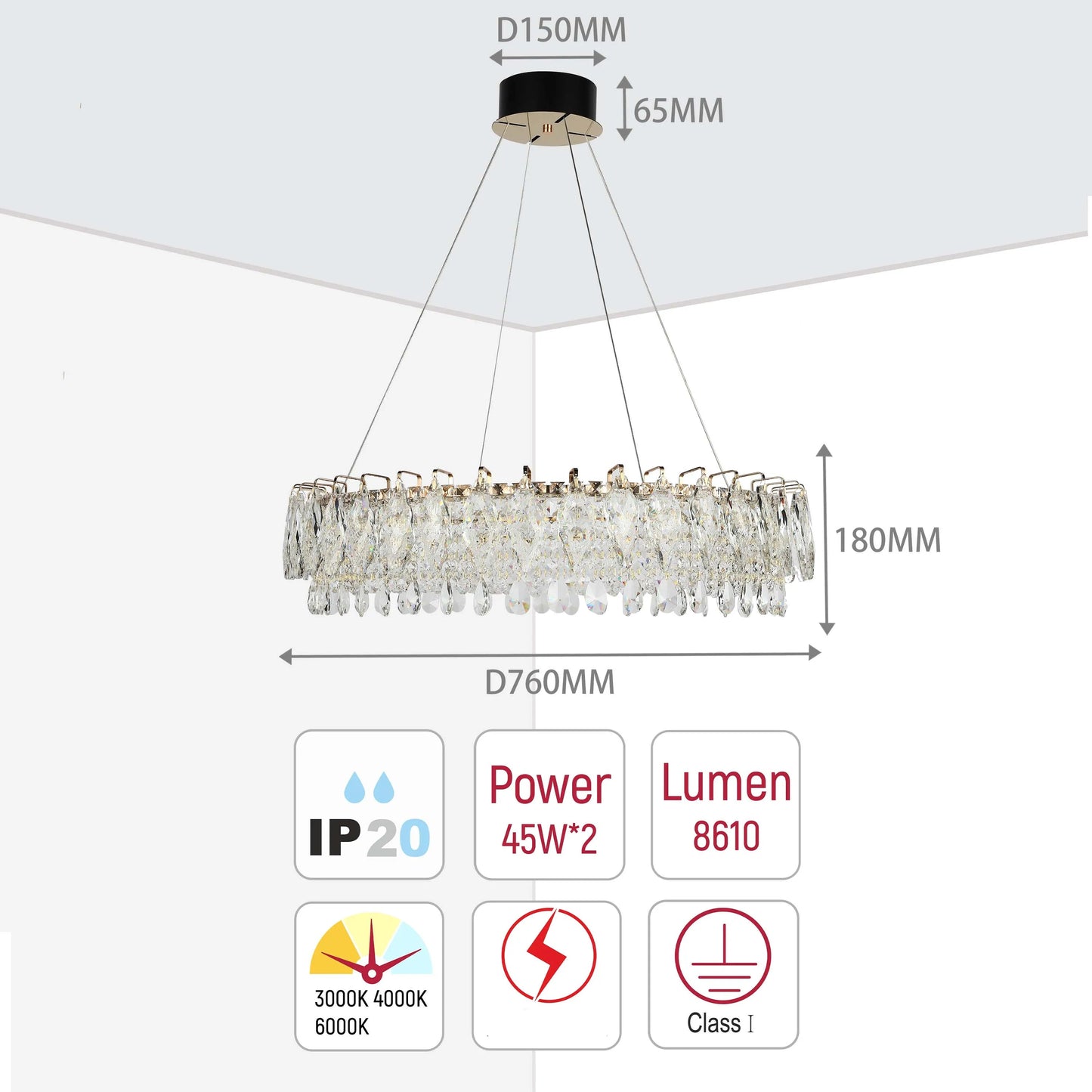 Candelabro de cristal dorado - Diseño circular u ovalado, LED SMD regulable con 3CCT, suspensión ajustable