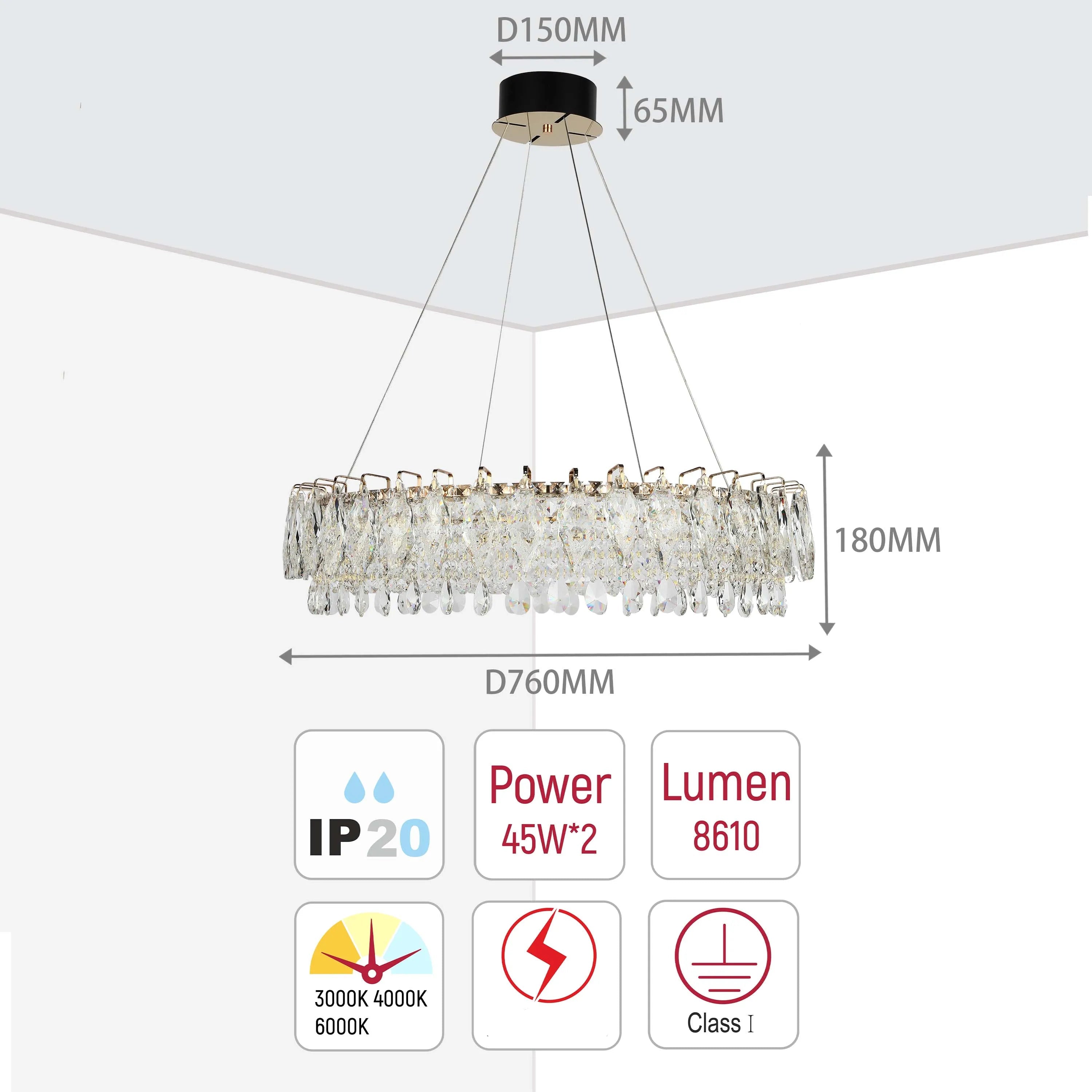 Candelabro de cristal dorado - Diseño circular u ovalado, LED SMD regulable con 3CCT, suspensión ajustable