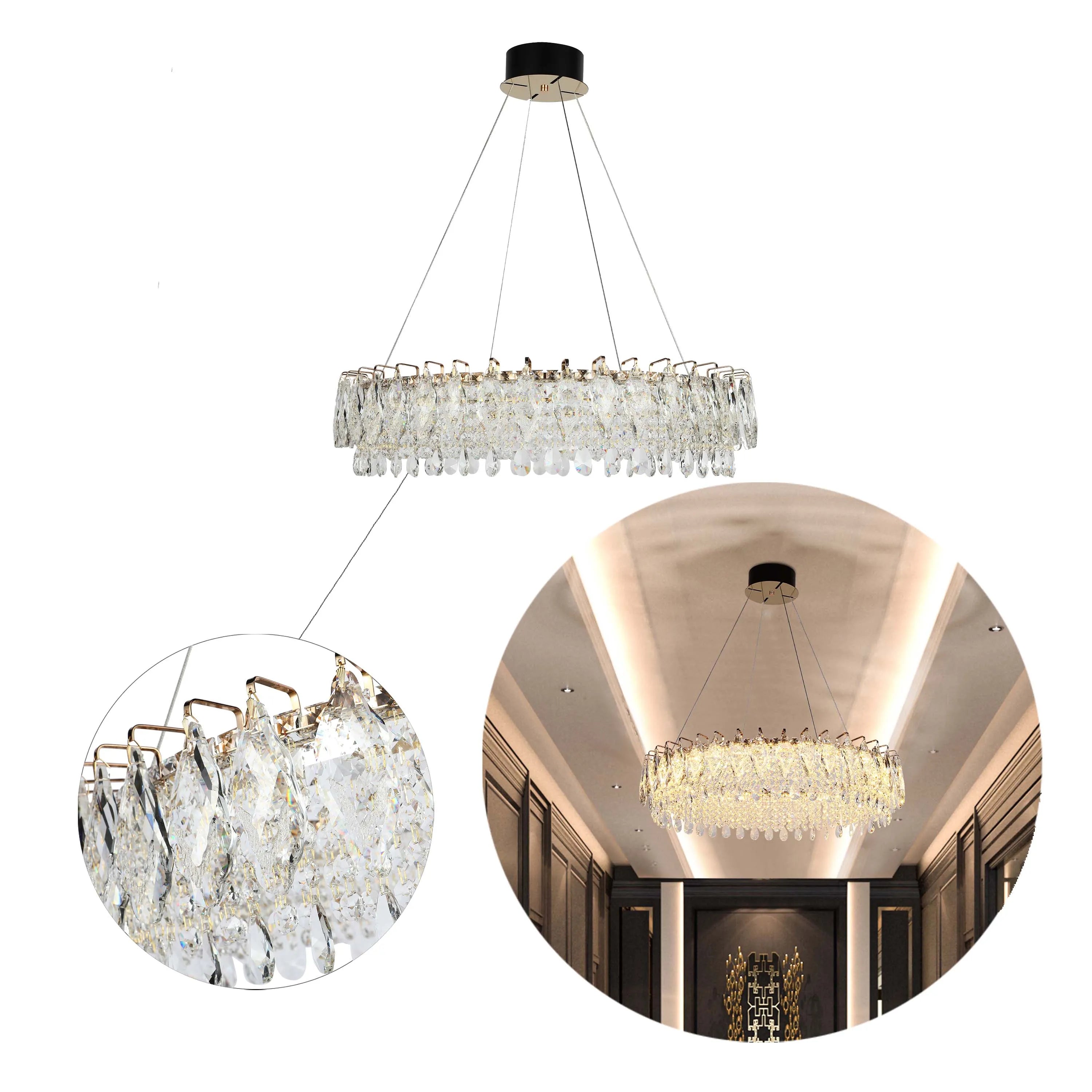 Candelabro de cristal dorado - Diseño circular u ovalado, LED SMD regulable con 3CCT, suspensión ajustable
