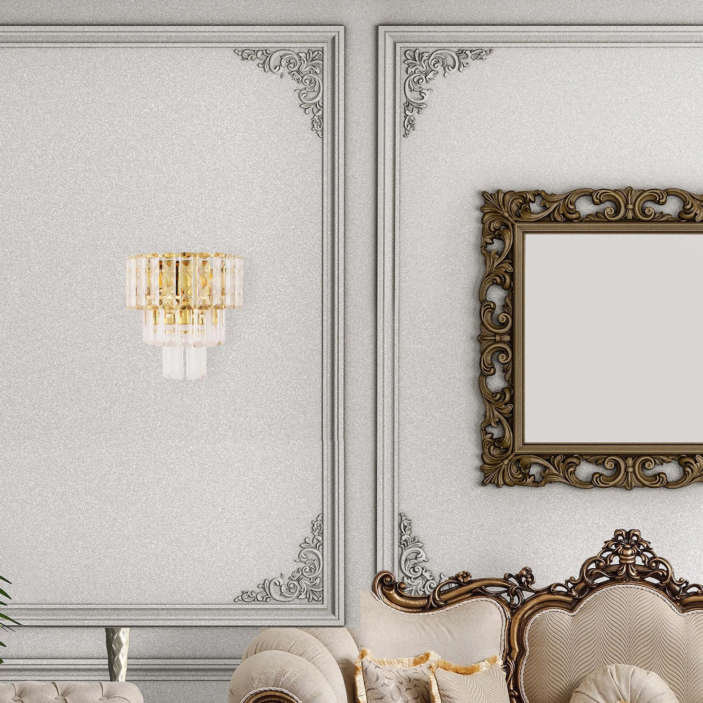 Lámpara de pared dorada con cristal y vidrio rectangular