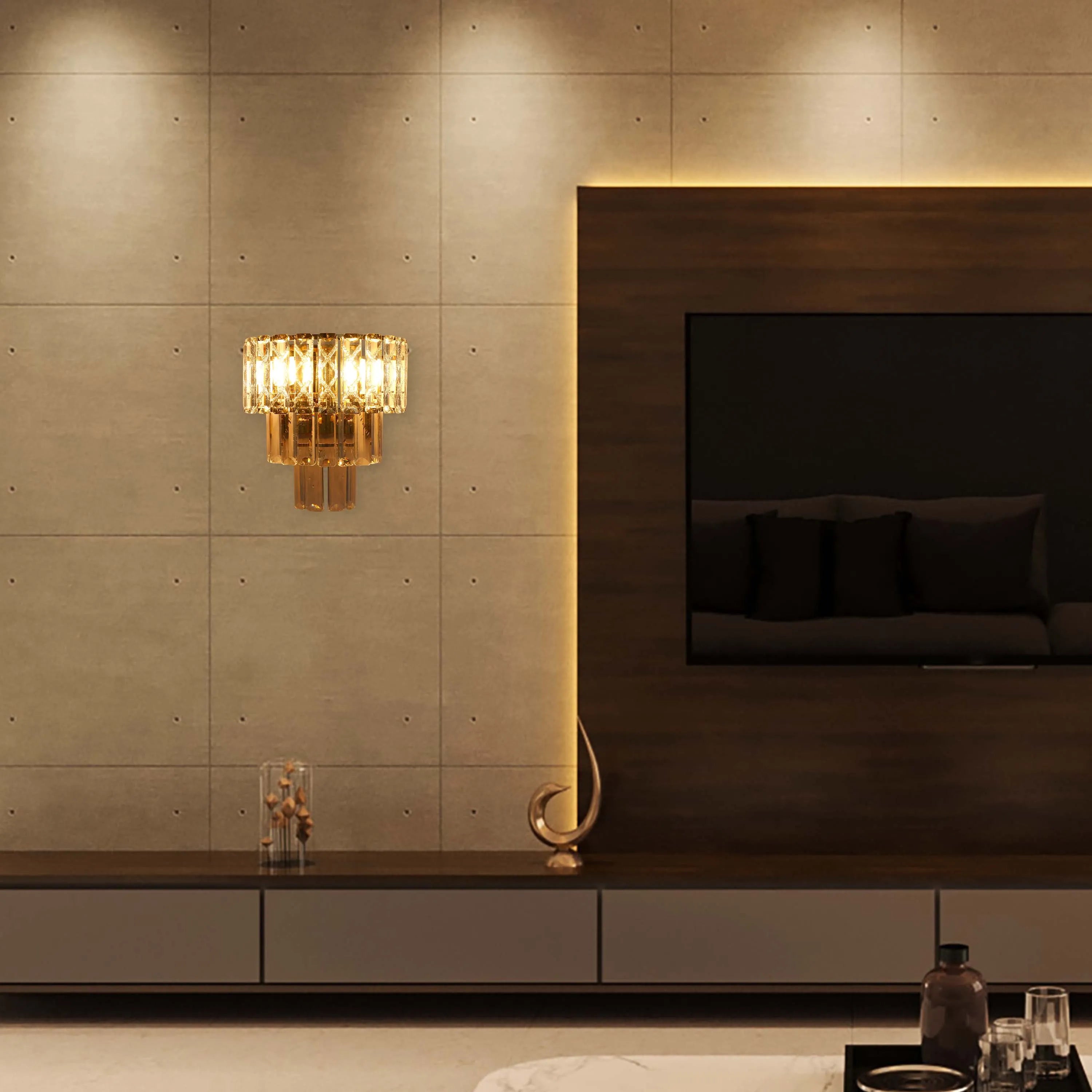 Lámpara de pared dorada con cristal y vidrio rectangular