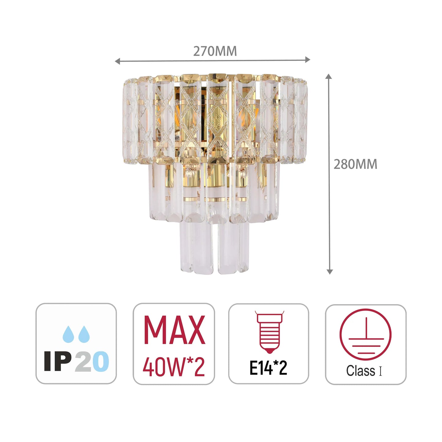 Lámpara de pared dorada con cristal y vidrio rectangular