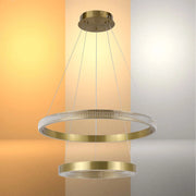 Lámpara colgante de cristal con doble aro dorado