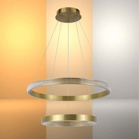 Lámpara colgante de cristal con doble aro dorado