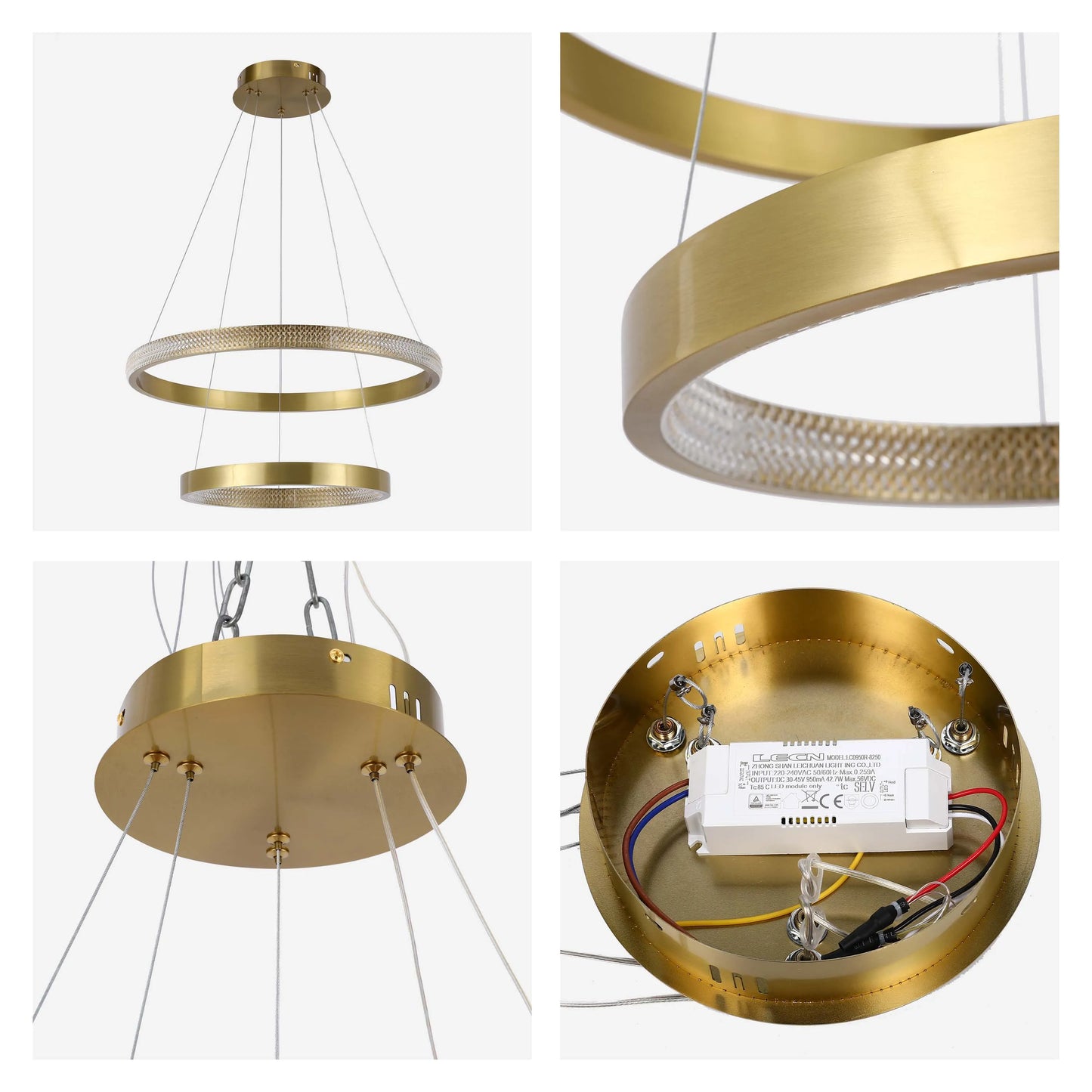 Lámpara colgante de cristal con doble aro dorado