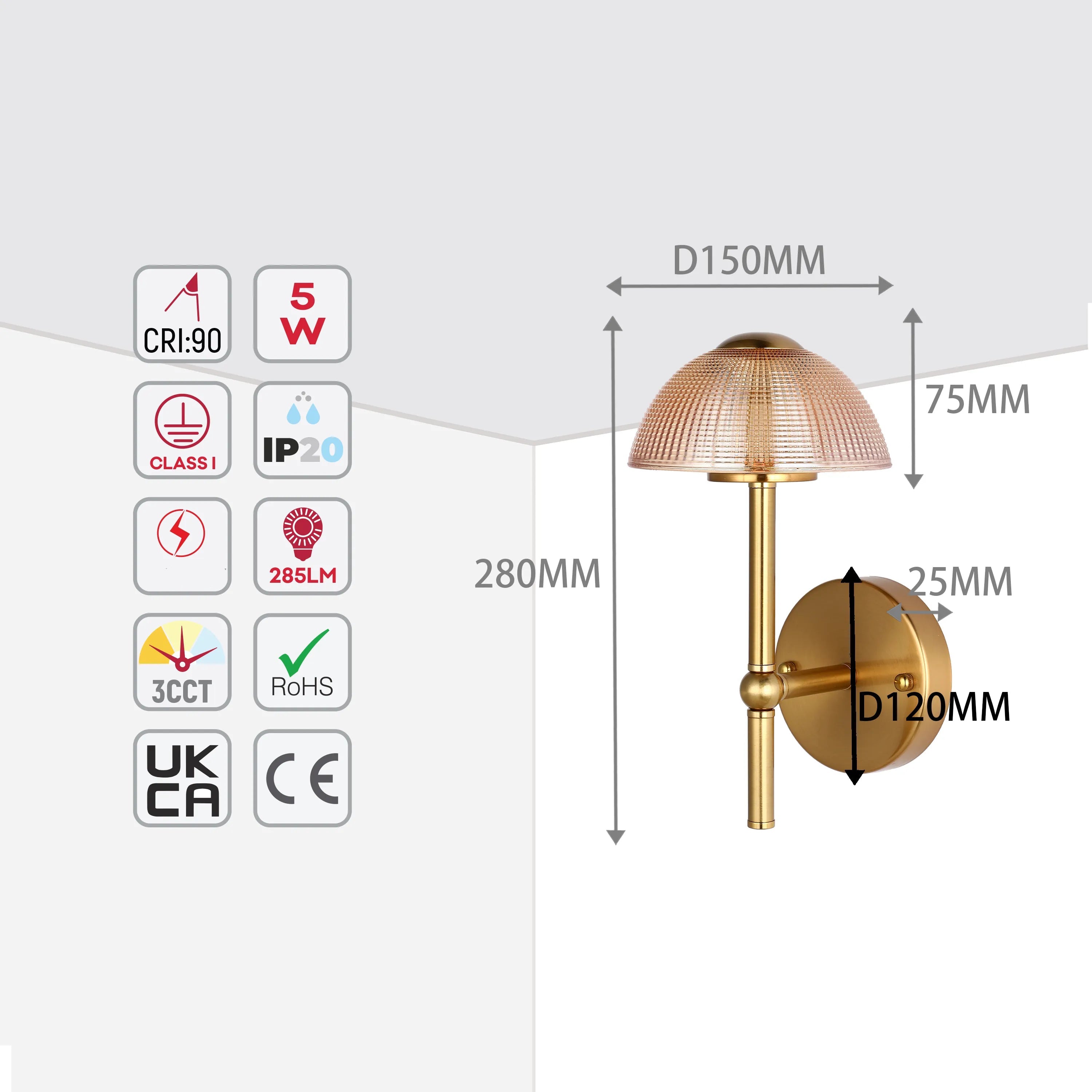Lámpara de pared de cristal en forma de hongo – LED integrado de 5W, con interruptor para 3 temperaturas de color (3CCT)