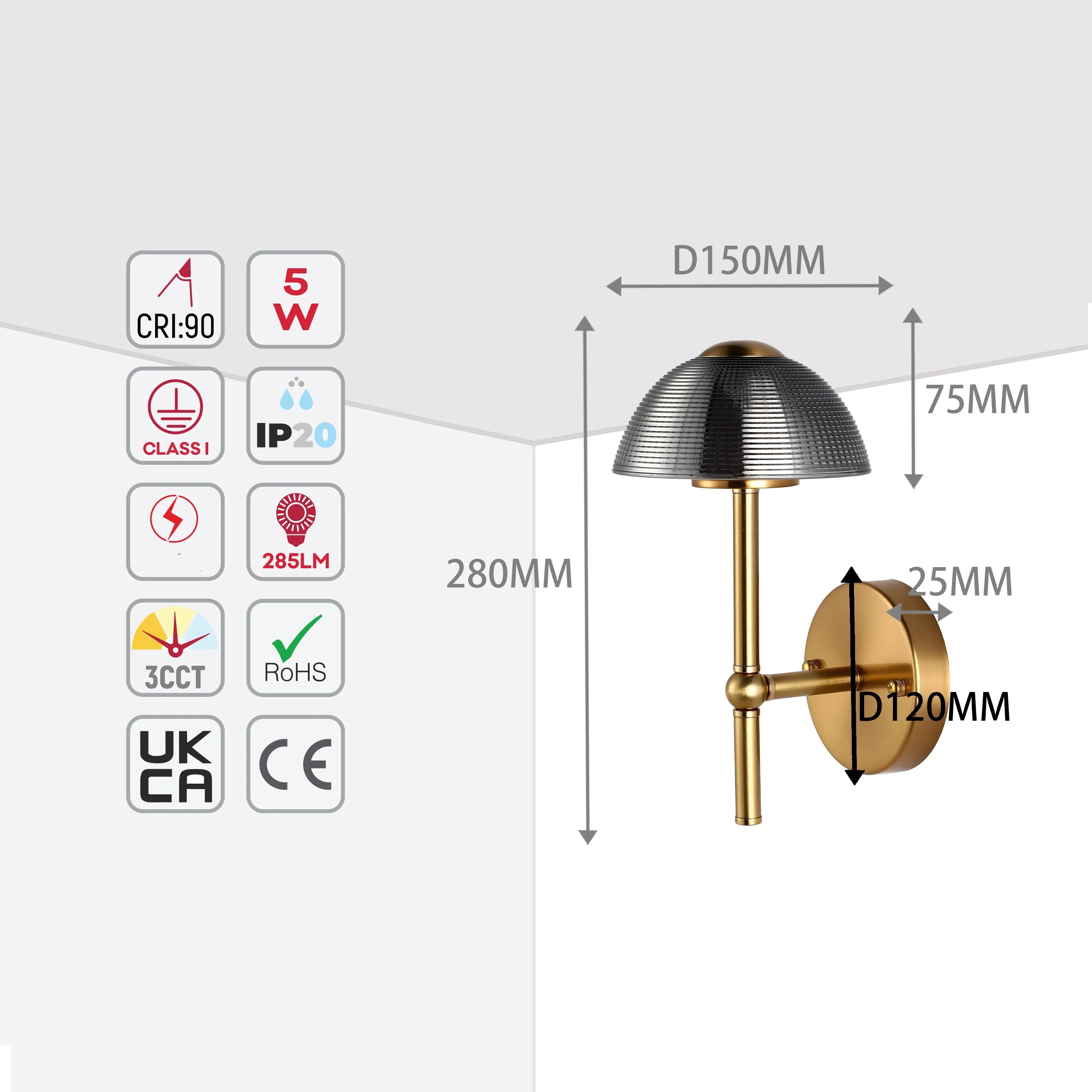 Lámpara de pared de cristal en forma de hongo – LED integrado de 5W, con interruptor para 3 temperaturas de color (3CCT)