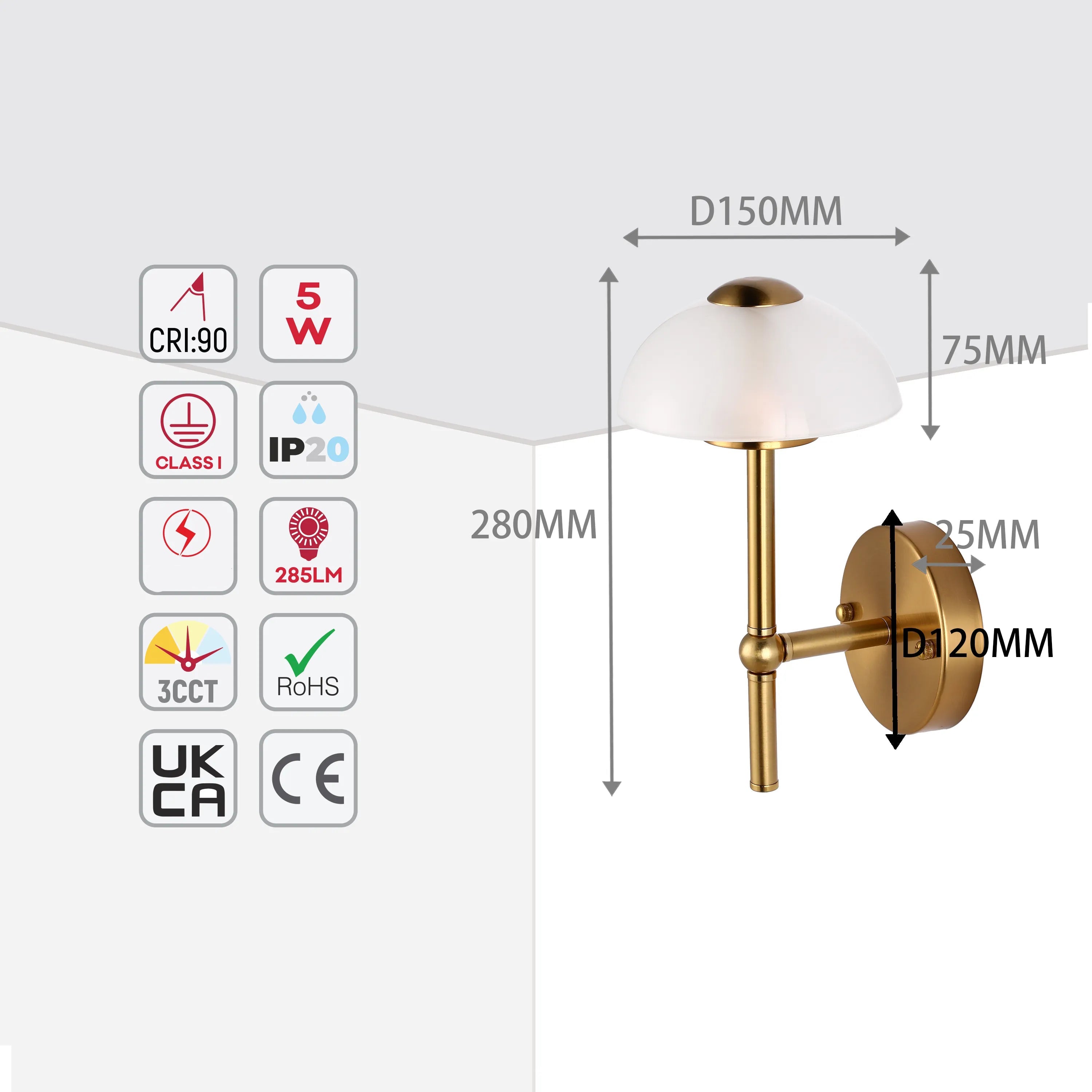 Lámpara de pared de cristal en forma de hongo – LED integrado de 5W, con interruptor para 3 temperaturas de color (3CCT)