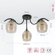 Product dimensions of amber glass black semi-flush ceiling light with 3xe27 fitting
