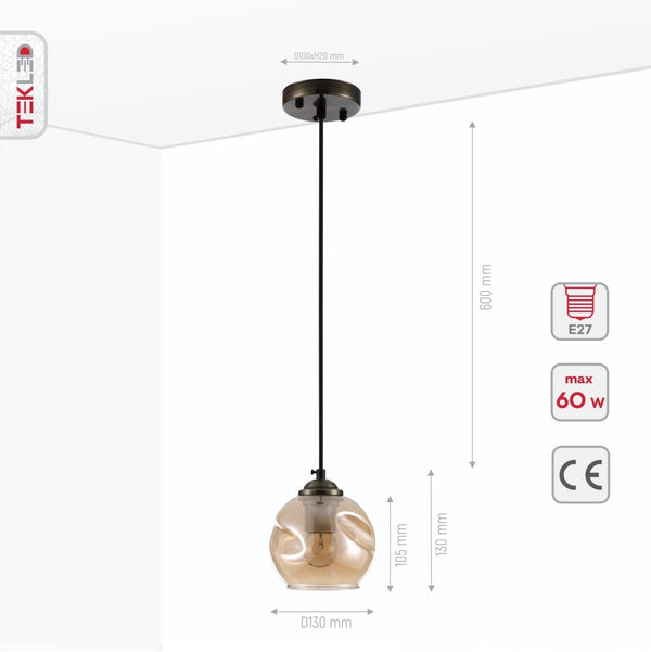 Product dimensions of amber glass dome antique brass metal pendant light e27
