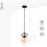 Product dimensions of amber glass globe black and antique brass pendant light e27