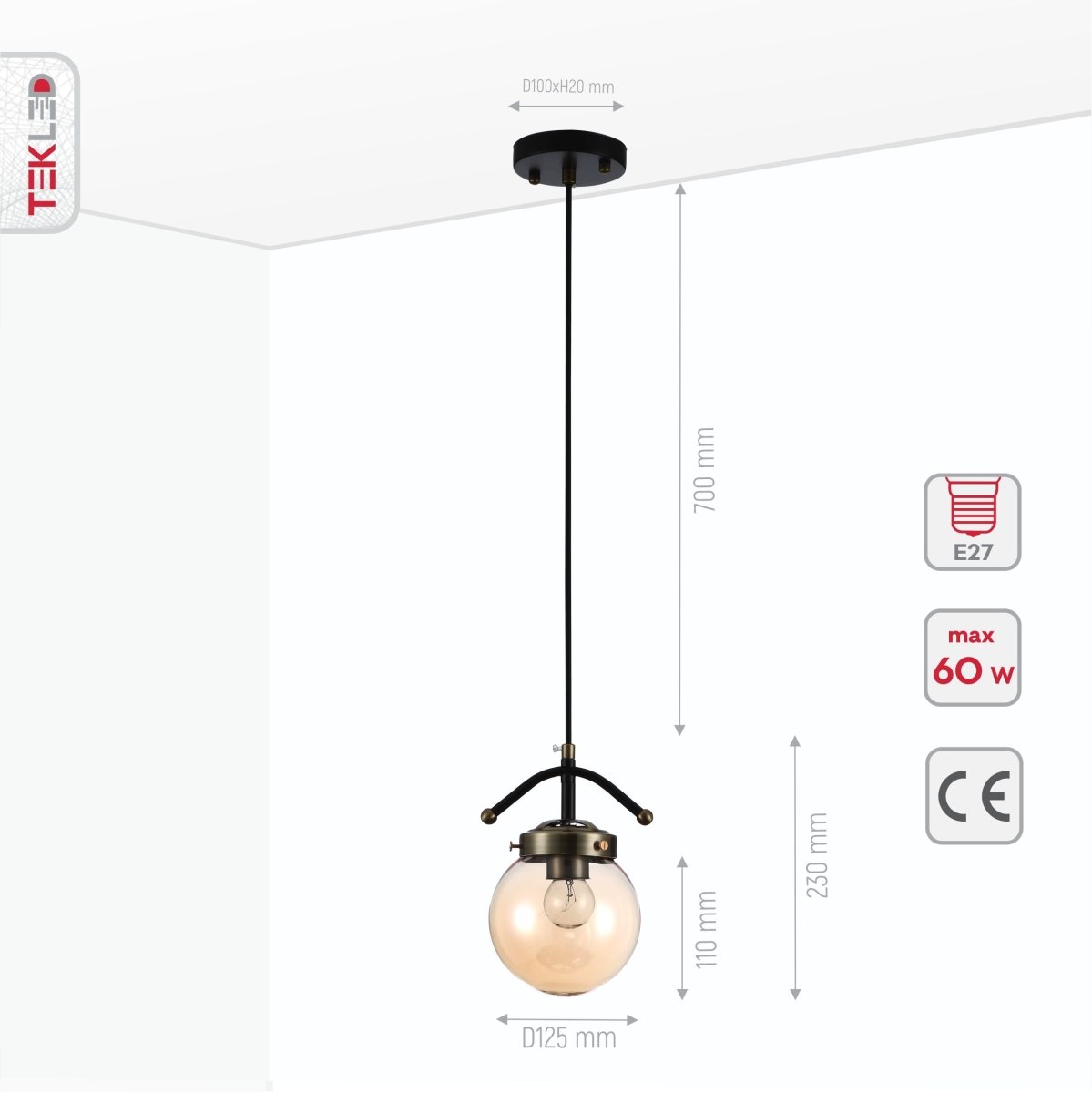 Product dimensions of amber glass globe black and antique brass pendant light e27