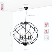 Product dimensions of black spiral metal chrome arm chandelier 5xe14