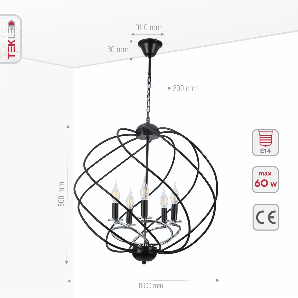 Product dimensions of black spiral metal chrome arm chandelier 5xe14