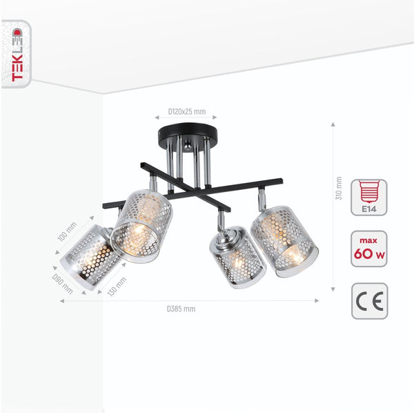 Product dimensions of chrome honeycomb black chrome body semi flush ceiling light 4xe14