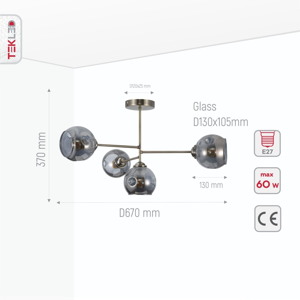 Product dimensions of clear glass dome antique brass semi flush ceiling light 4xe27