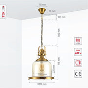 Product dimensions of golden bronze metal amber glass cylinder pendant light sealed with e27 fitting