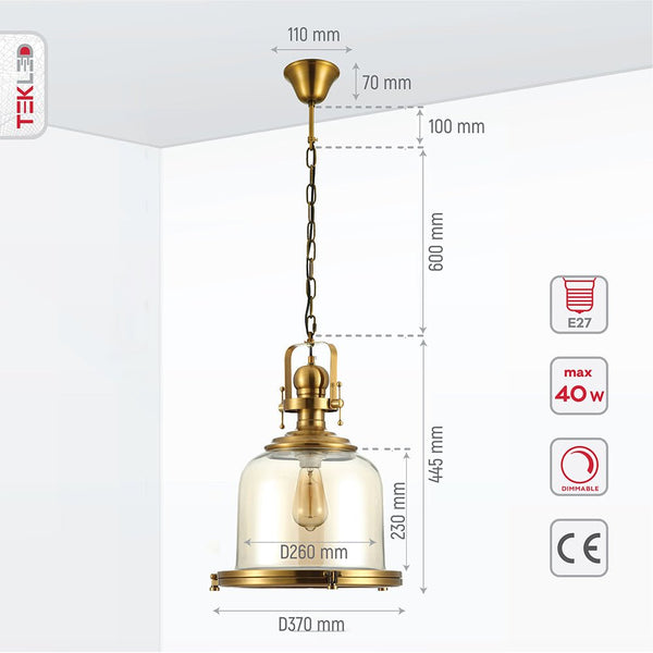 Product dimensions of golden bronze metal amber glass cylinder pendant light sealed with e27 fitting