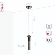 Product dimensions of smoky glass pearl black plated top cylinder pendant light e27