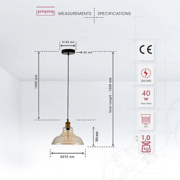Size and specs of Amber Glass Cone Pendant Ceiling Light with E27 | TEKLED 150-17802