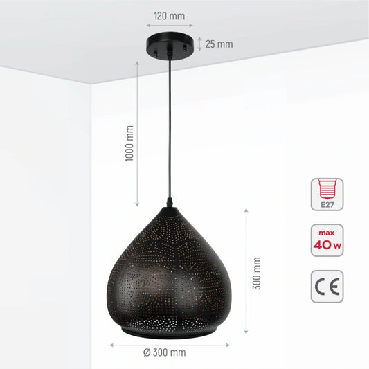Size and specs of Black-Golden Metal India Dome Pendant Ceiling Light with E27 | TEKLED 150-17958