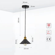Size and specs of Black Metal Small Funnel Pendant Ceiling Light with E27 | TEKLED 150-17862