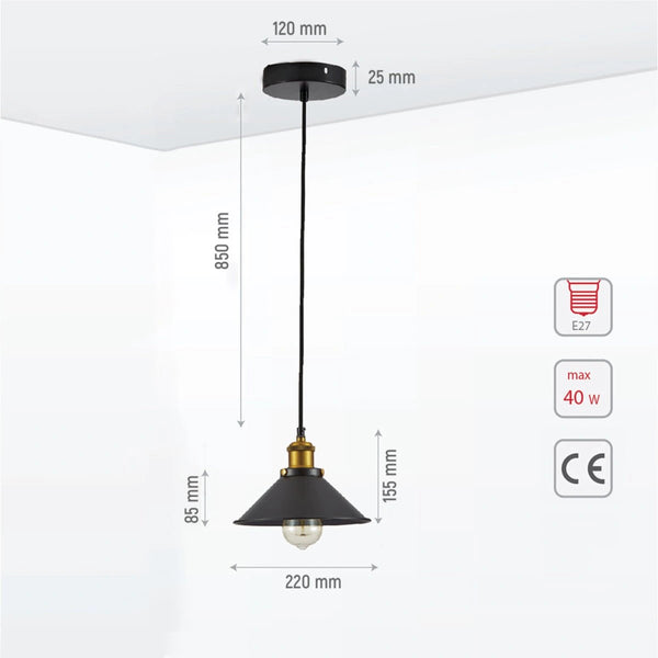 Size and specs of Black Metal Small Funnel Pendant Ceiling Light with E27 | TEKLED 150-17862