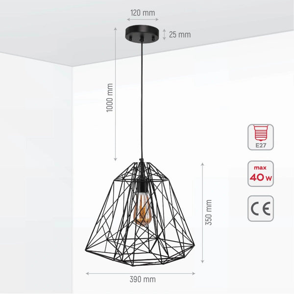 Size and specs of Black Wire Cage Pendant Ceiling Light with E27 | TEKLED 150-18087
