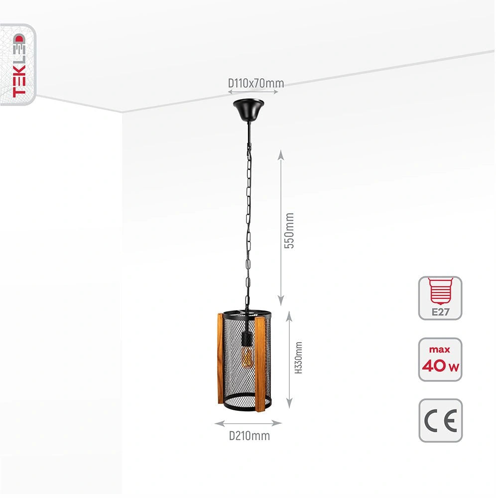 Product dimensions of black metal wood cylinder pendant light with e27 fitting