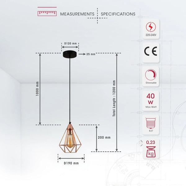 Product dimensions of rose gold metal cage pendant light s with e27 fitting
