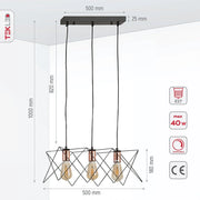 Product dimensions of black metal caged island chandelier with 3xe27 fitting