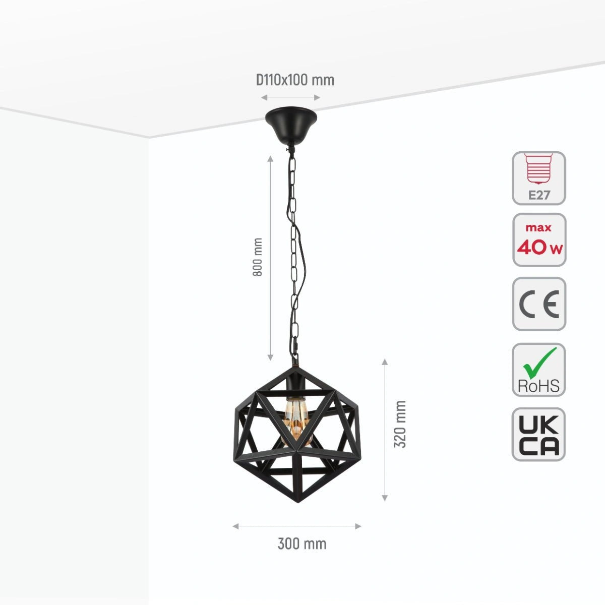 Size and specs of Black Metal Cage Polyhedral Pendant Ceiling Light with E27 | TEKLED 150-17834