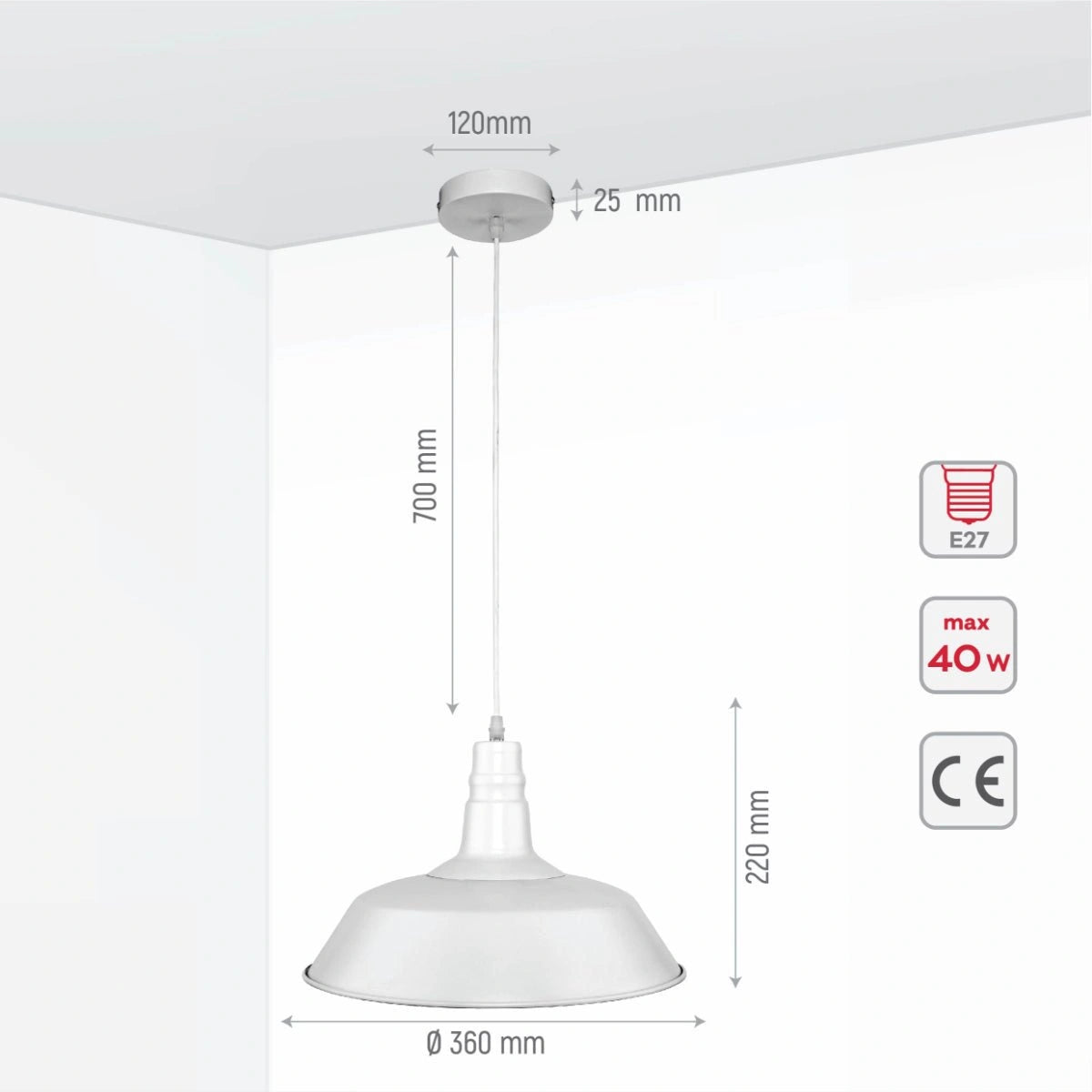 Size and specs of White Metal Step Pendant Ceiling Light with E27 | TEKLED 150-15038