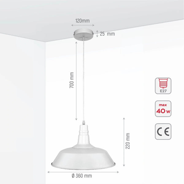 Size and specs of White Metal Step Pendant Ceiling Light with E27 | TEKLED 150-15038