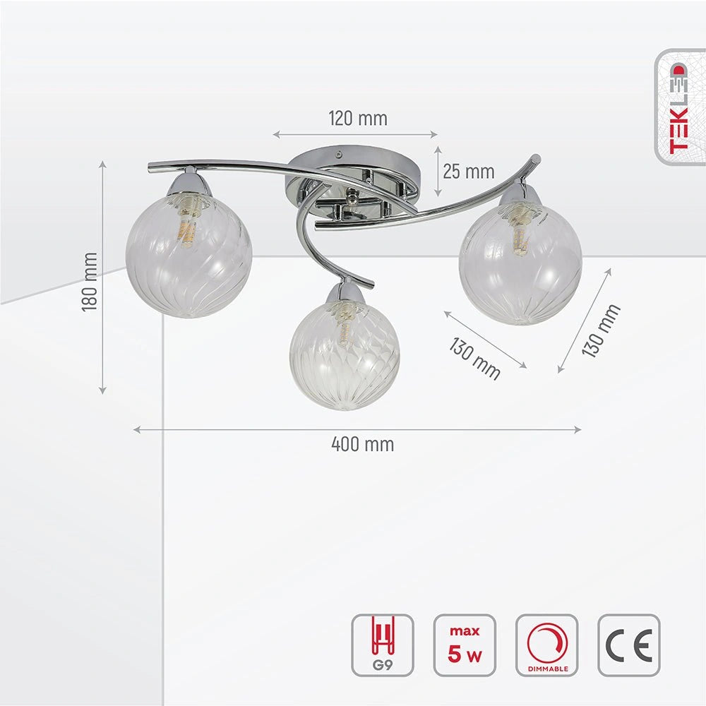 Product dimensions of chrome metal clear glass ceiling light with 3xg9 fitting